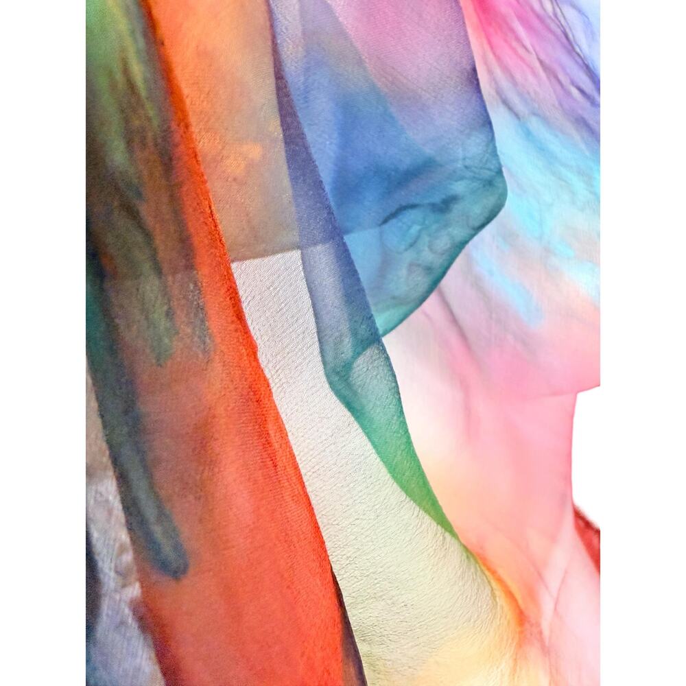Vintage Hand Painted Silk Chiffon Scarf 1970s Rainbow Watercolor 15x66 - Picture 4 of 8